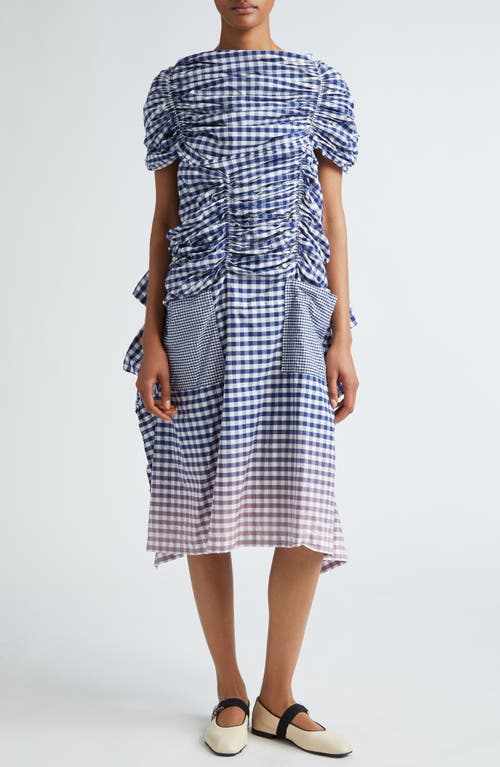 Ombré Gingham Ruched Cotton Midi Dress in Navy/White