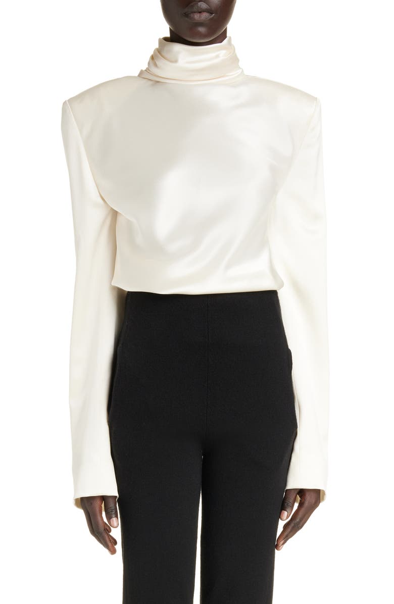 Saint Laurent Scrunch Neck Shoulder Pad Silk Top | Nordstrom