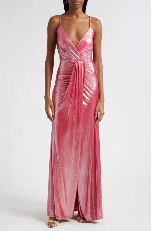Kade Metallic Ruched Gown in Hottest Pink Lurex Foil