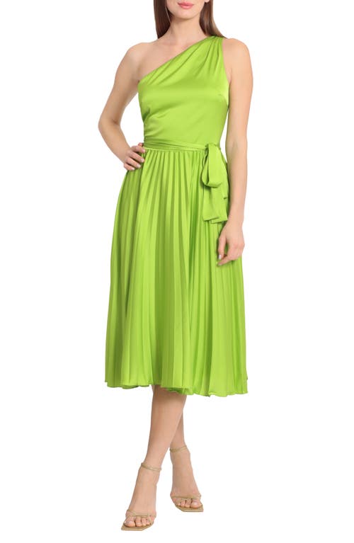 Maggy London Pleated One-Shoulder Midi Dress in Macaw Green