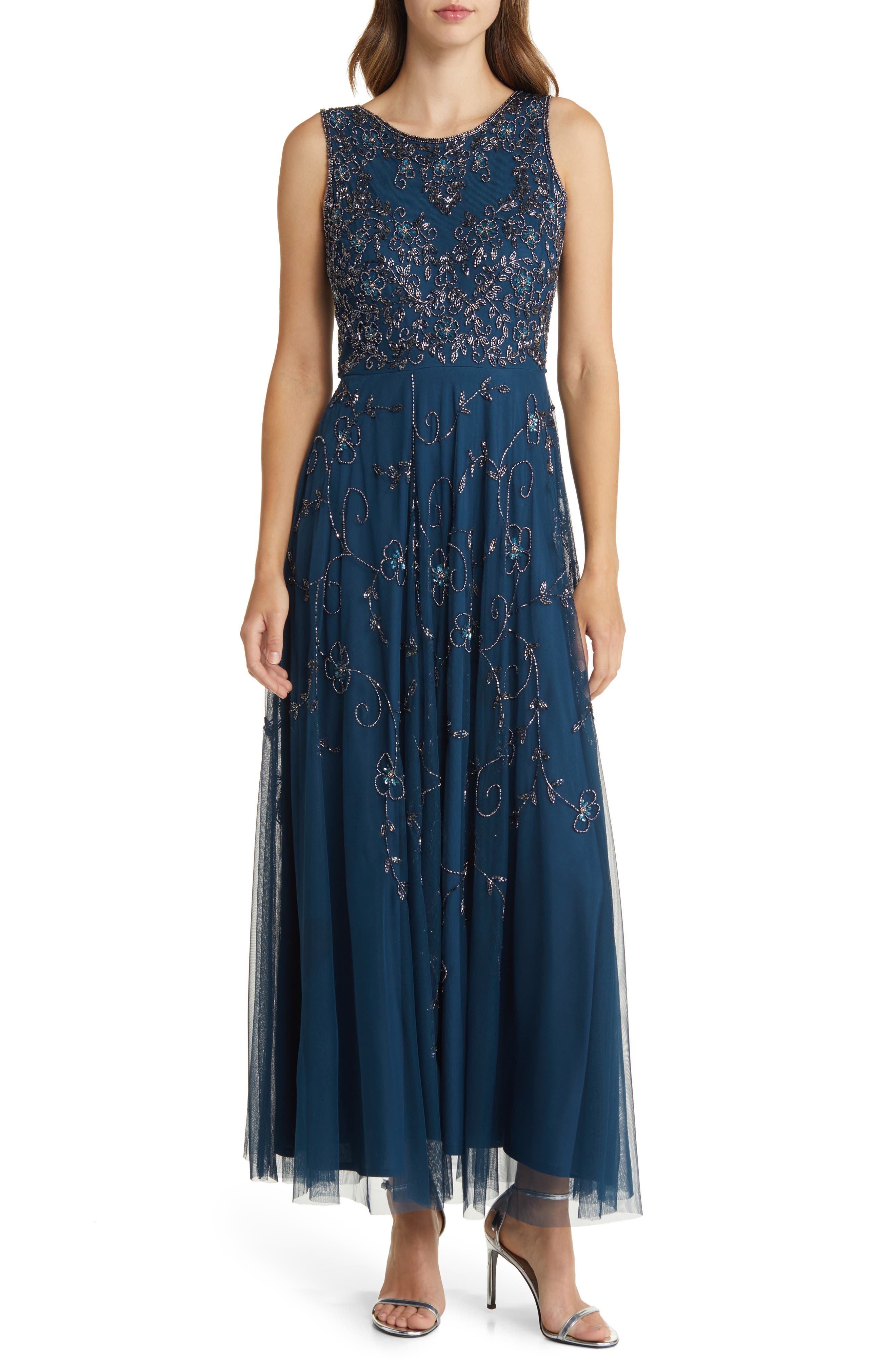 Pisarro nights embellished 2024 mesh gown navy