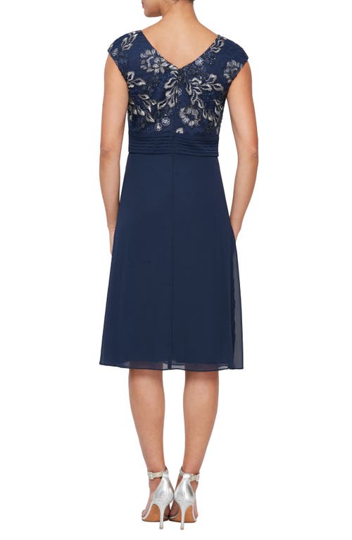 Alex Evenings Embroidered Bodice A-line Cocktail Dress In Navy/silver