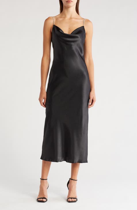 Crystal Strap Cowl Neck Satin Dress