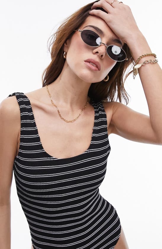 Shop Topshop Stripe Scoop Back One-piece Swimsuit In Black