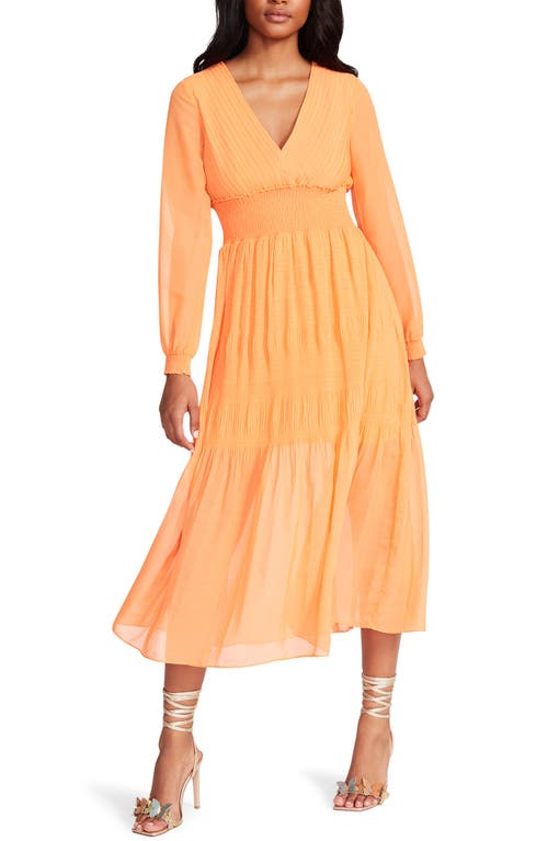 Steve Madden Nylah Smocked Long Sleeve Chiffon Midi Dress in Amber Orange