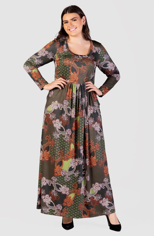 Shop 24seven Comfort Apparel Mixed Print Long Sleeve Knit Maxi Dress In Green Multi