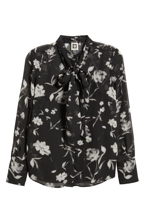 Shop Anne Klein Floral Sheer Tie Neck Button-up Shirt In Anne Black Multi