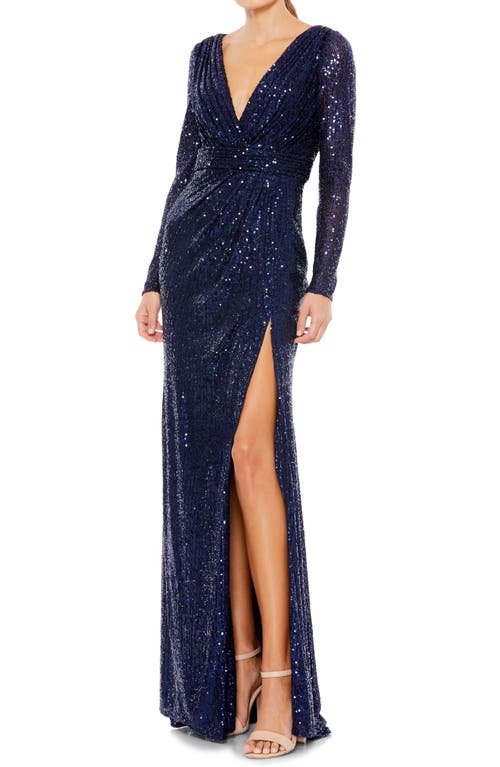 Sequin Long Sleeve Faux Wrap Gown in Midnight