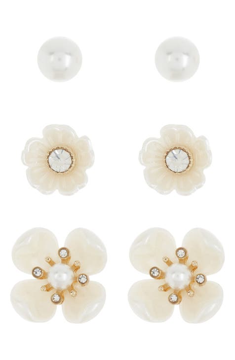 Set of 3 Imitation Pearl Floral Stud Earrings