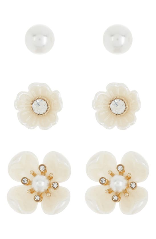 Shop Cara Set Of 3 Imitation Pearl Floral Stud Earrings In Gold/ivory