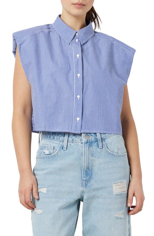 Katrine Stripe Crop Button-Up Shirt in Bright White Stripesblue