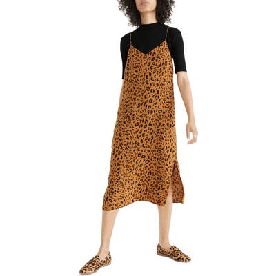 Madewell Literal Leopard Silk Side Slit Slipdress, Brown