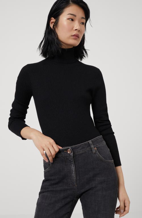 Brunello Cucinelli Women's Lightweight Turtleneck Sweater In Sparkling Cashmere And Silk Rib Knit In Black