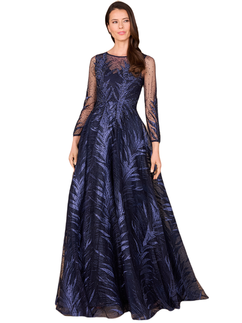 Lara New York High Neck Sheer Long Sleeve Embellished Gown In Navy