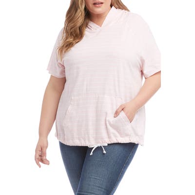 Plus Size Karen Kane Stripe Short Sleeve Cotton Hoodie, Pink