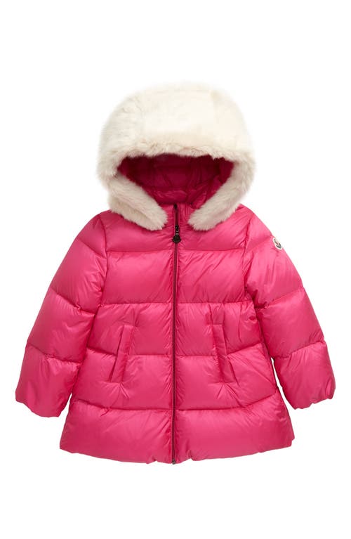 Moncler Caen Down Coat with Faux Fur Hood in Fuchsia