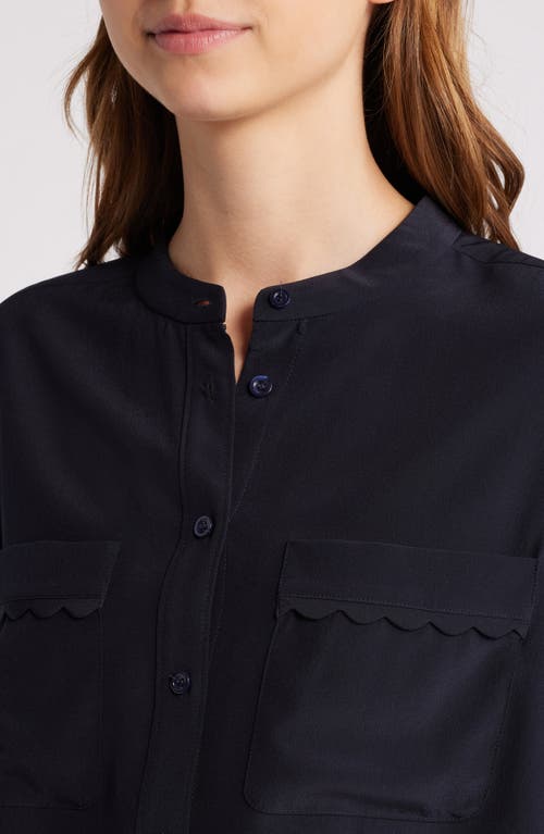 Shop Frame Scallop Trim Silk Button-up Shirt In Navy