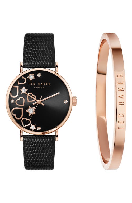 Shop Ted Baker London Phylipa Leather Strap Watch & Bangle Bracelet Set, 34mm In Rose Gold/black/black