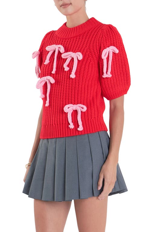 English Factory Bow Embellished Puff Sleeve Sweater In Red