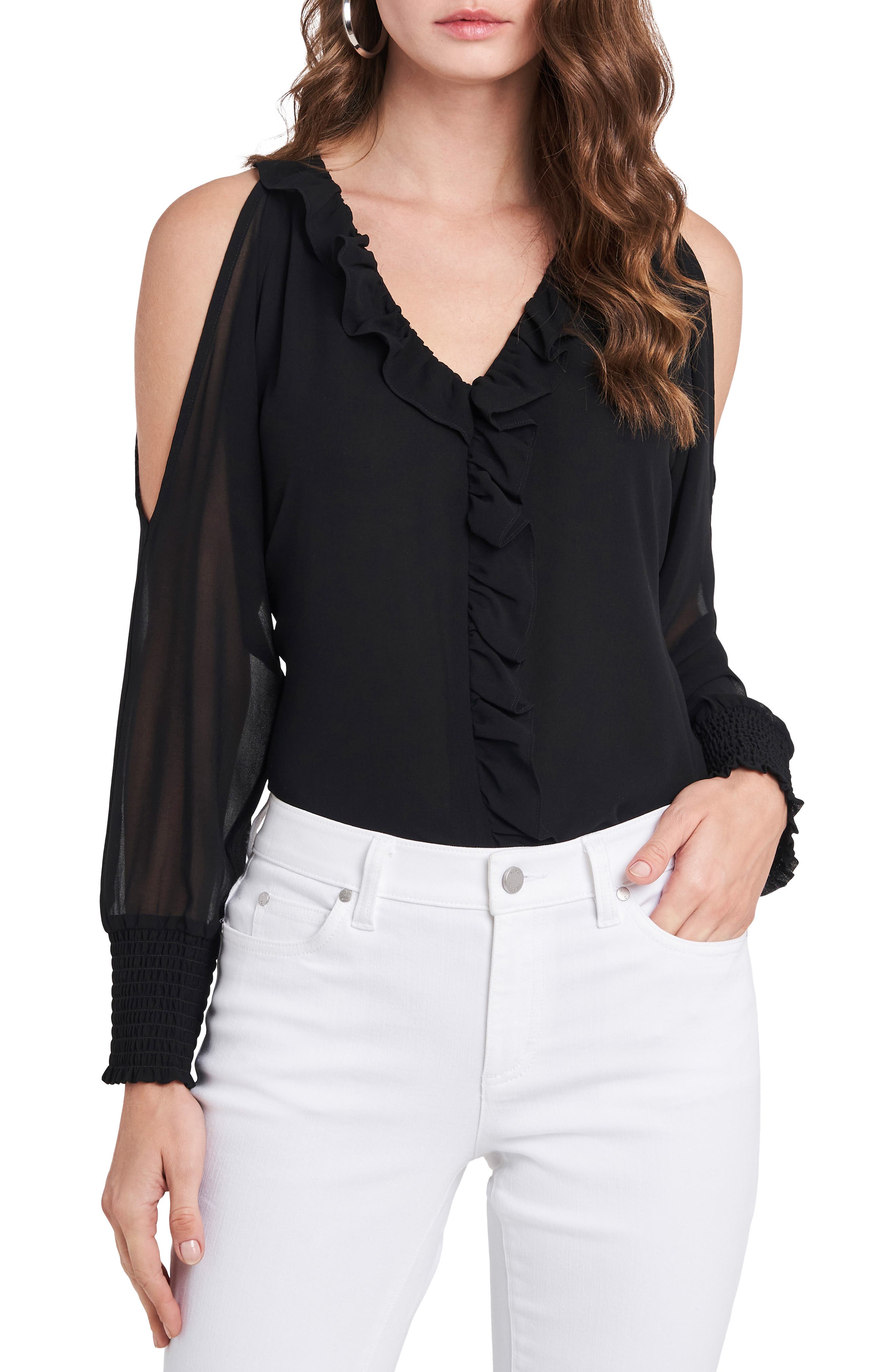 1.state 1. State Ruffle Cold Shoulder Top In Rich Black