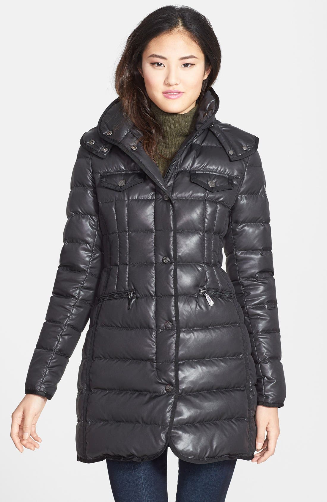 Vince Camuto Grosgrain Trim Down & Feather Coat with Detachable Hood