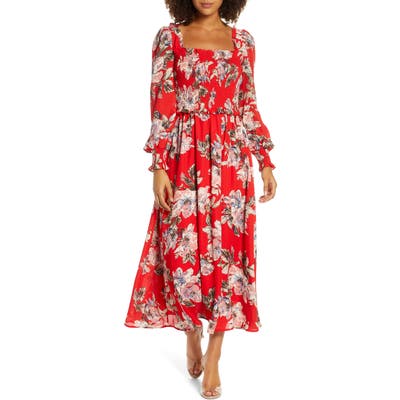 Chelsea28 Smocked Long Sleeve Midi Dress, Red
