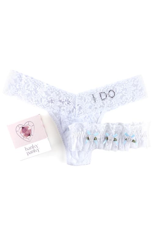 Hanky Panky I Do Original Rise Lace Thong & Garter Set In White/powder Blue