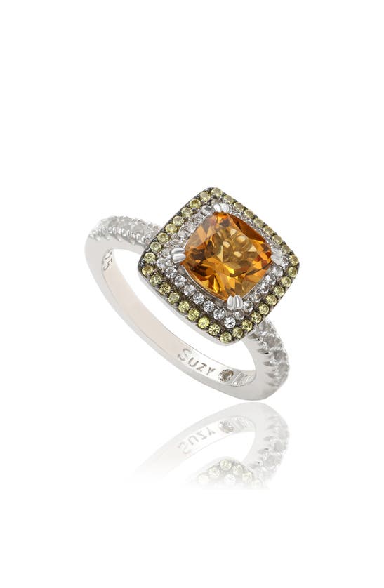Suzy Levian Sterling Silver Purple Amethyst Cushion Cut And Sapphire Accent Ring In Yellow