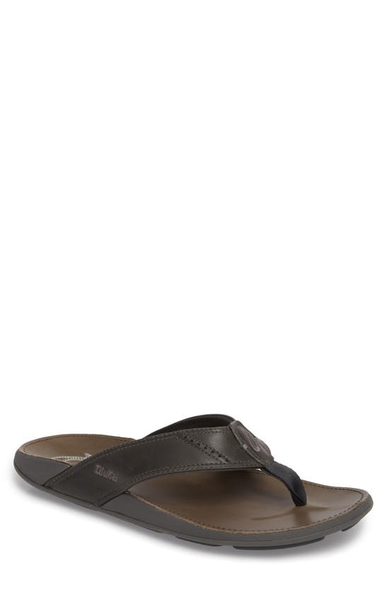 Olukai 'nui' Leather Flip Flop In Dark Shadow/ Charcoal Leather