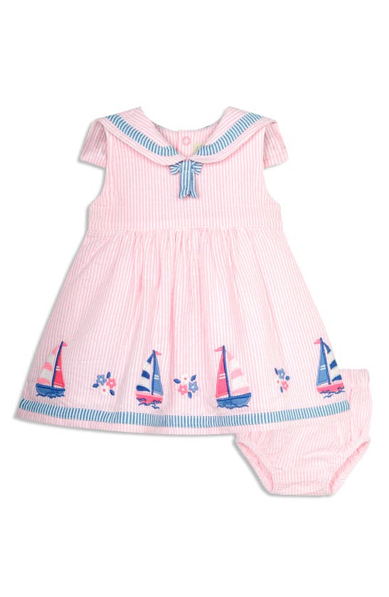 Jojo Maman Bébé Babies' Boat Appliqué Sailor Seersucker Dress In Pink