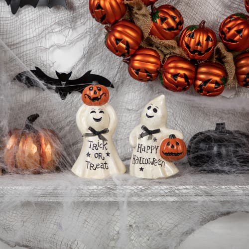 Northlight Ghost And Pumpkin "happy Halloween" And "trick Or Treat" Figurines In White