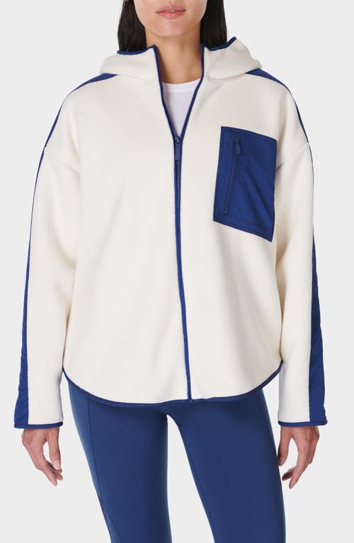 Shop Sweaty Betty Roam Fleece Hooded Jacket In Lilywhite Fluxblue