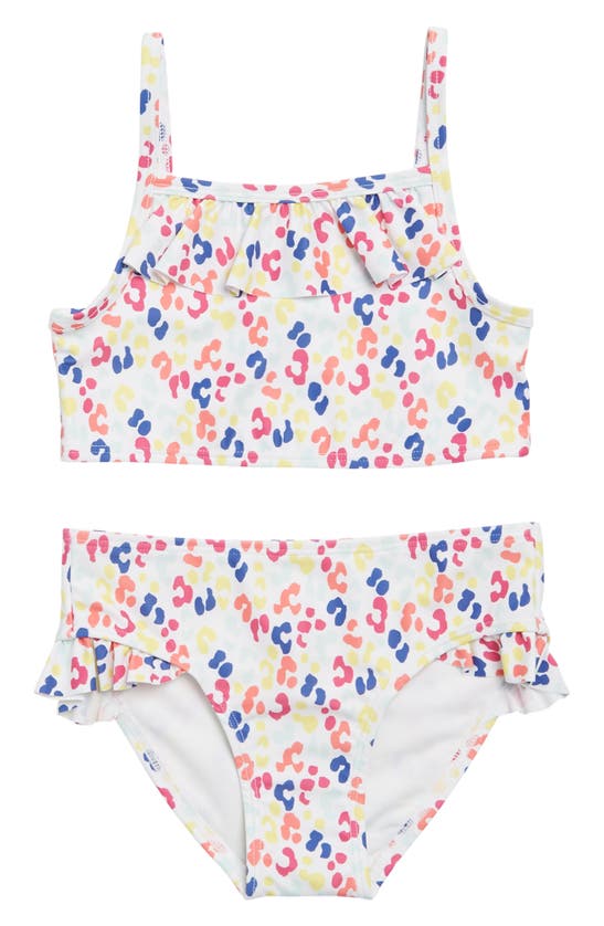 Harper Canyon Kids' Ruffle Gingham Print 2-piece Swimsuit In White- Rainbow Leopard