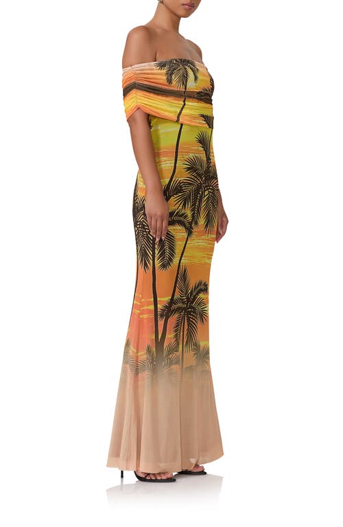 Shop Afrm Mccall Off The Shoulder Mesh Maxi Dress In Sunrise Palms