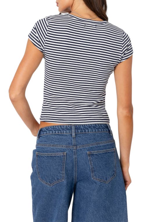 Edikted Kady Stripe Short Sleeve Henley Top In Navy