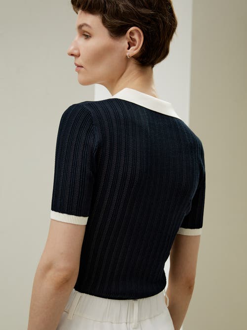 Shop Lilysilk V Neck Ribbed Silk Knit Top In Navy Blue