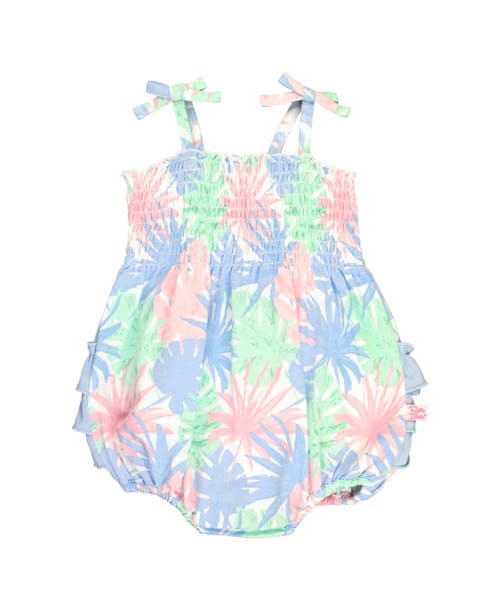 RuffleButts Baby Toddler Smocked Tie Knit Bubble Romper in Pastel Palms at Nordstrom