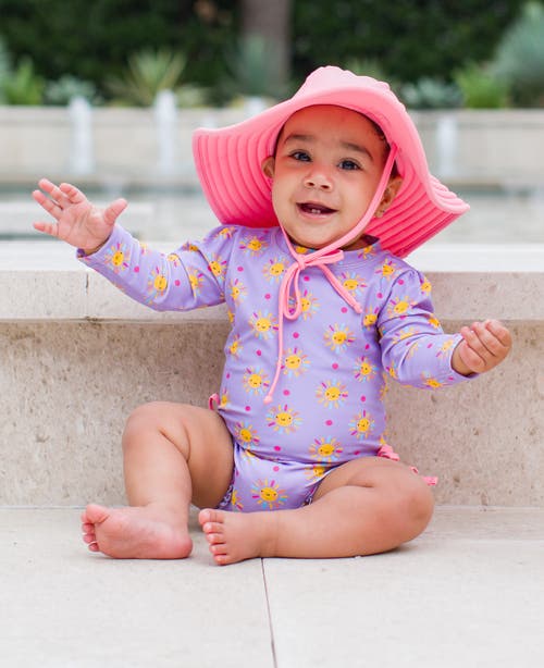 Shop Rufflebutts Baby Girls Long Sleeve Upf50+ One Piece Rash Guard In Lavender Sunshiny Day