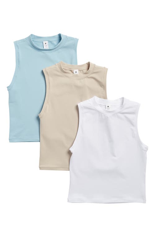 Shop Yogalicious Assorted 3-pack Melissa Airlite Mock Neck Crop Sleeveless Tops In Forget-me-not/nacreous Cloud