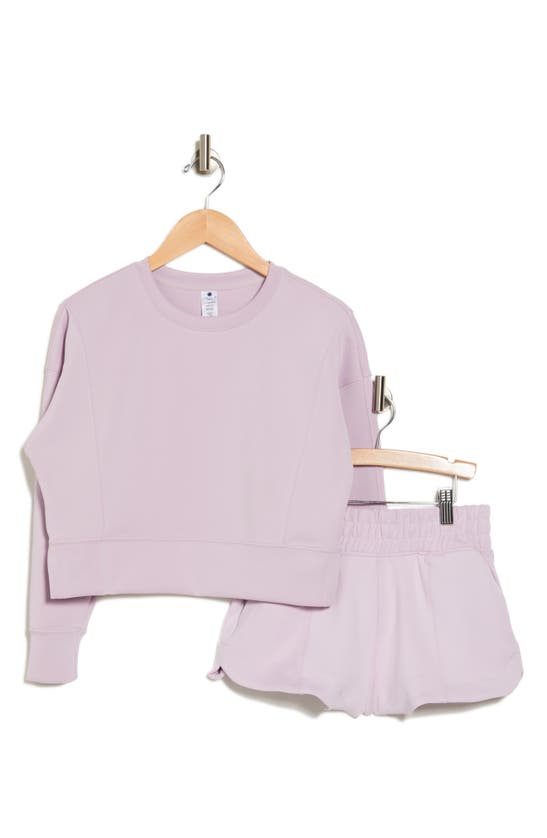 Shop Yogalicious Zuri Crop Pullover Sweater & Shorts Lounge Set In Lavender Frost