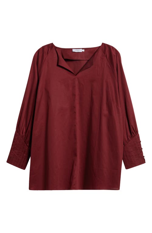 Shop Harshman Cerys Split Neck Pleated Cuff Cotton Top In Burgundy