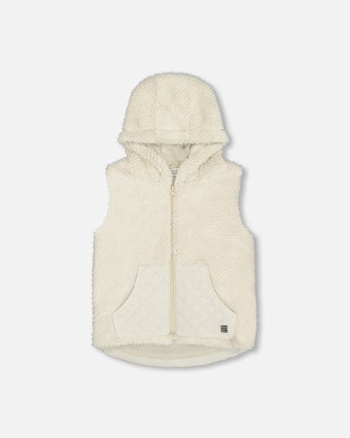 Deux Par Deux Girl's Hooded Vest With Pocket Beige In Off White