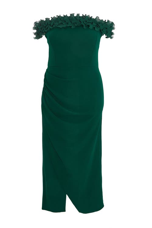 Shop Quiz Plus Size Scuba Crepe Ruffle Bardot Maxi Dress In Bottle Green