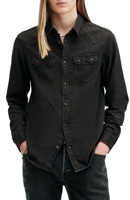 Shop Allsaints Rock Cotton Denim Western Snap-up Shirt In Washed Black