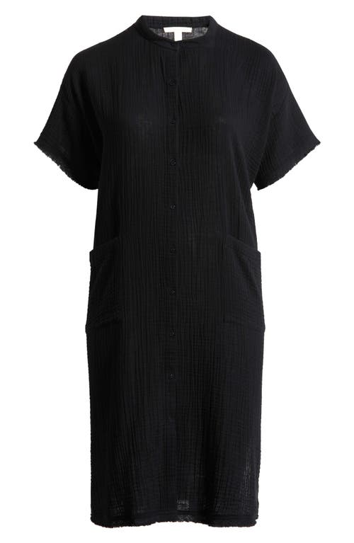 Shop Eileen Fisher Mandarin Collar Organic Cotton Midi Shirtdress In Black