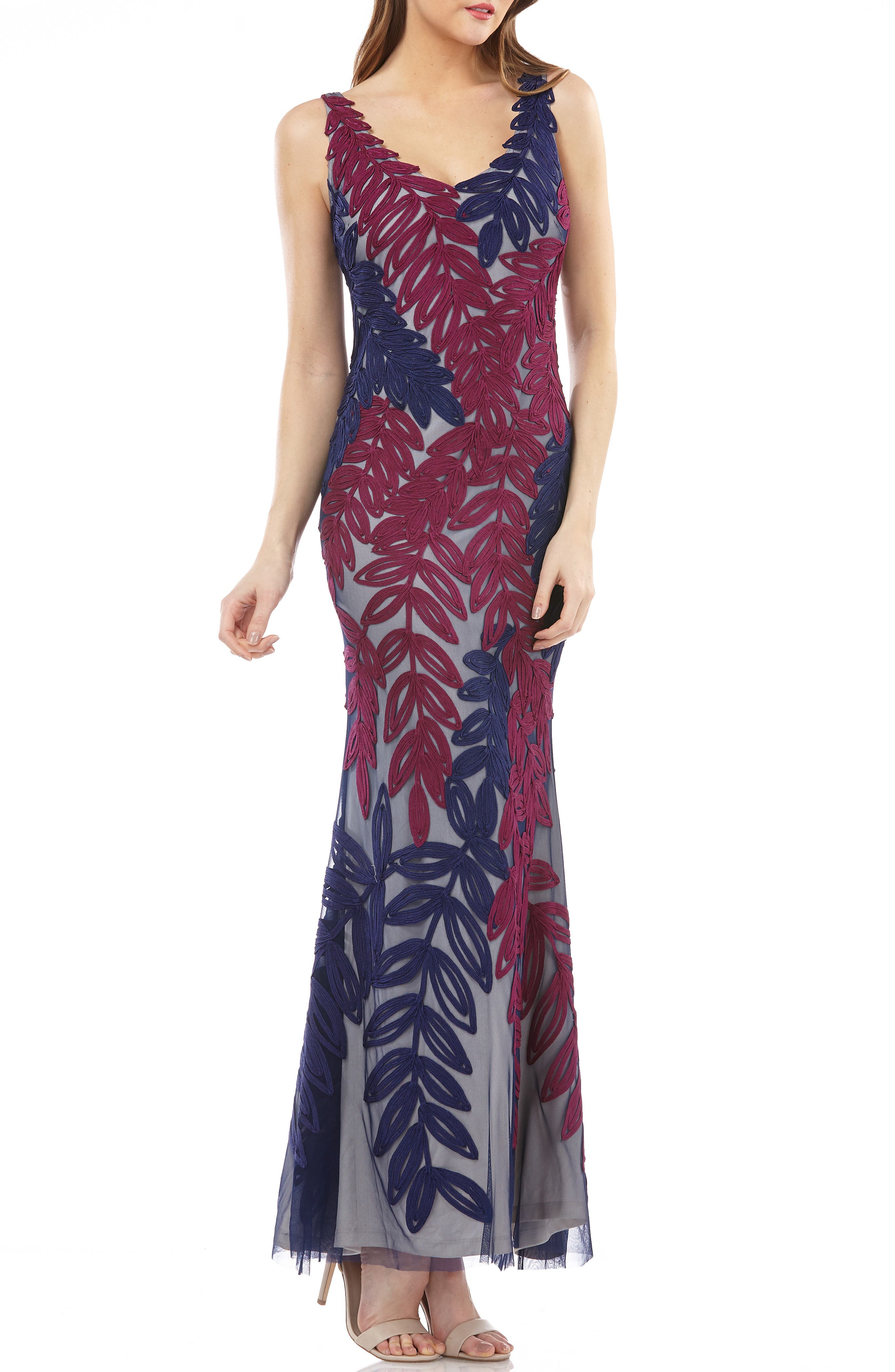 Js Collections Leaf Soutache Trumpet Gown, Purple