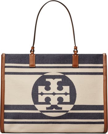Tory Burch Ella Canvas Tall Tote Bag in Natural/Tory Navy