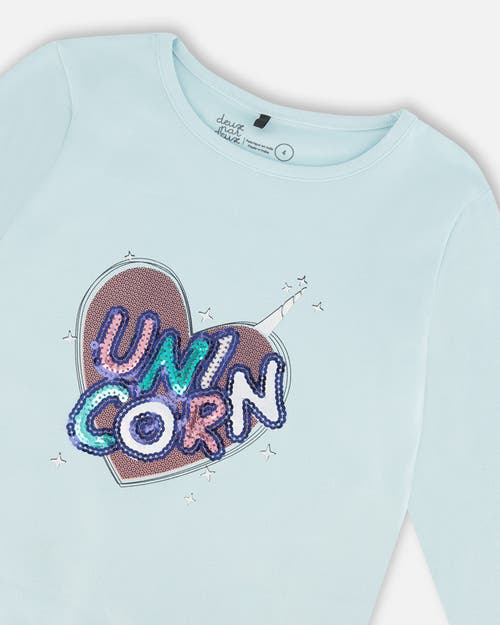 Deux Par Deux Girls' Organic Cotton T-shirt With Print Light Blue - Big Kid In Blue Glow