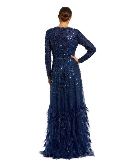 Mac Duggal Disc Embellished Sequin Gown With Feather Detail In Midnight