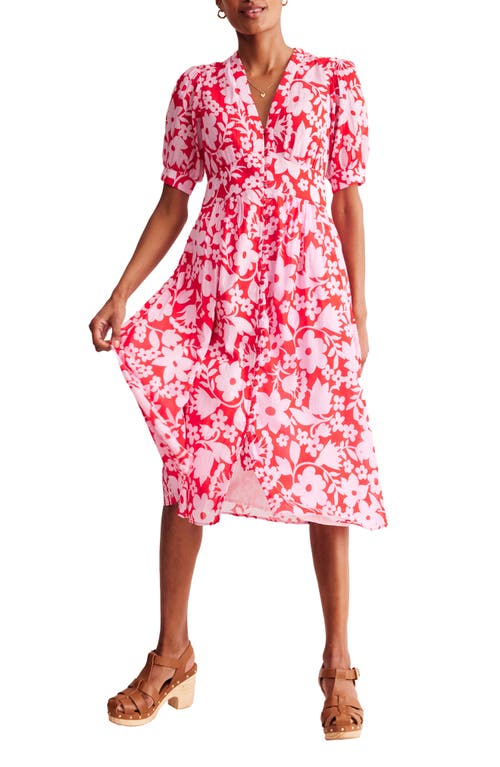 Elsa Floral Print Midi Dress in Flame Scarlet Tulip Garden